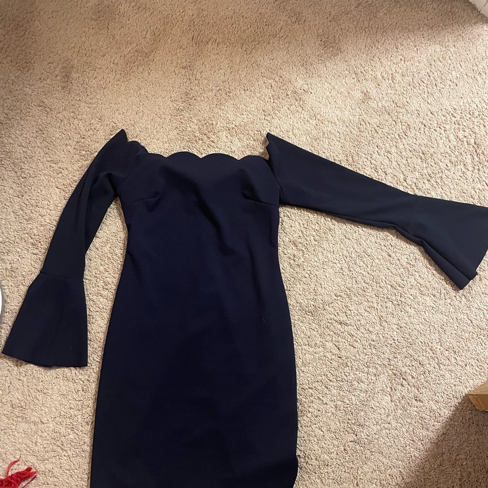 Navy blue scalloped off the shoulder dress
